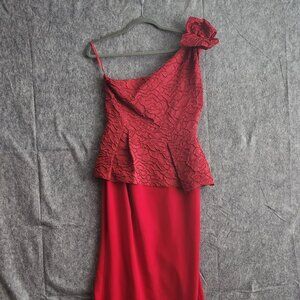 Carolina Herrera One Shoulder Peplum Mermaid Maxi Dress 6 Red Rose Formal Bride